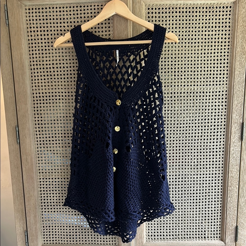 Free People Navy Crochet Button-Down Tank Top